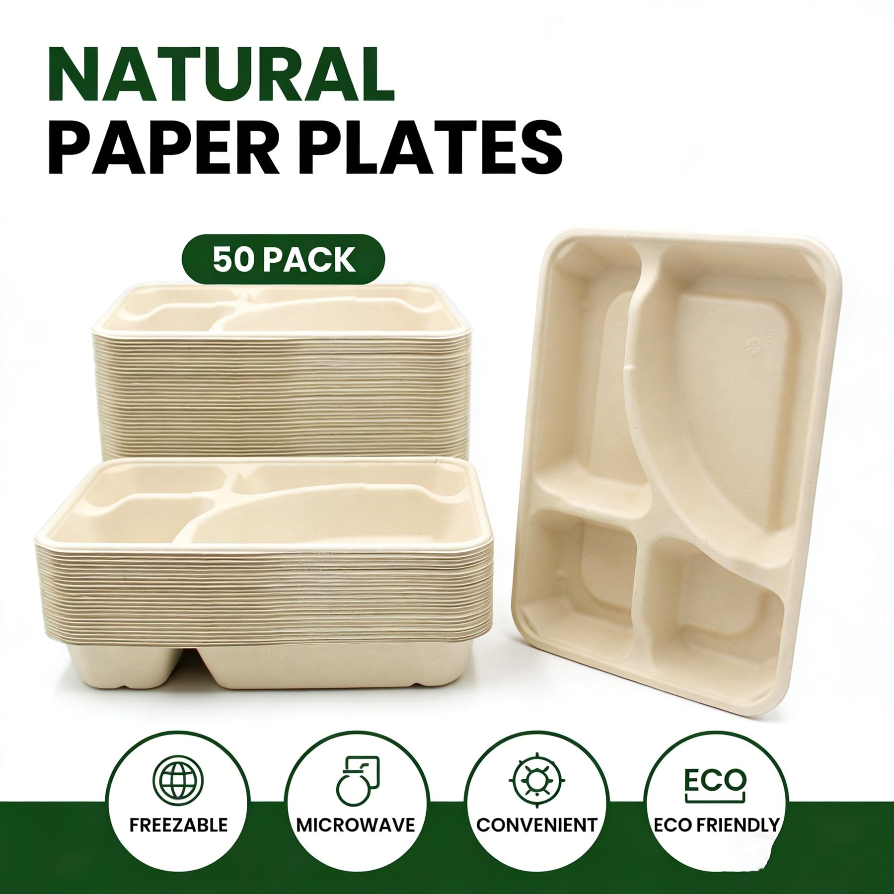 Paquete de 50 platos de papel compostables, plato de compartimento de caña de azúcar resistente, bandeja dividida apta para microondas para adultos, para preparación de comidas, bufés