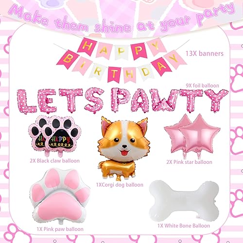 Miniatura 3 de Juego de globos para perro, 17 piezas de lindo estampado de pata de hueso de perro Corgi Lets Pawty Foil Mylar con pancarta de feliz cumpleaños para