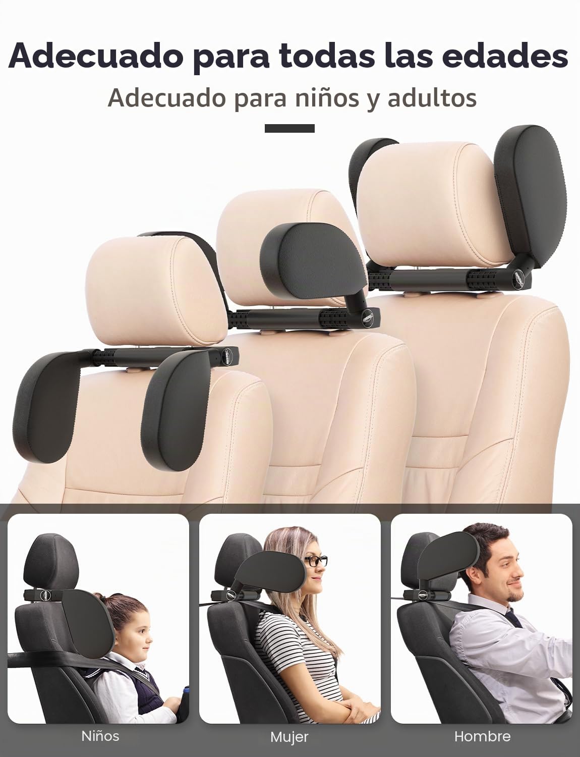 Oasser Reposacabezas Coche Reposacabezas Coche Niño 360 Grados Ajustable de Cuero Transpirable Sujeta Cabezas Coche para Niños Adultos