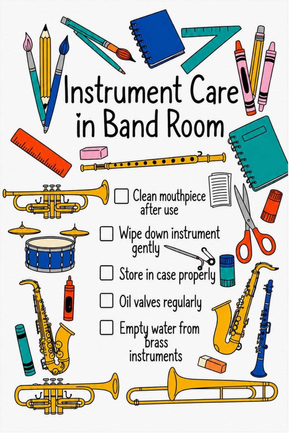 Instrument Care in Band Room Poster - Art Supply Wall Decor - 13x19