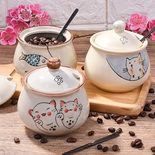 Miniatura 6 de Azucarero de cerámica con tapa y cuchara, azucarero japonés con cuchara y tapa (estilo 2)