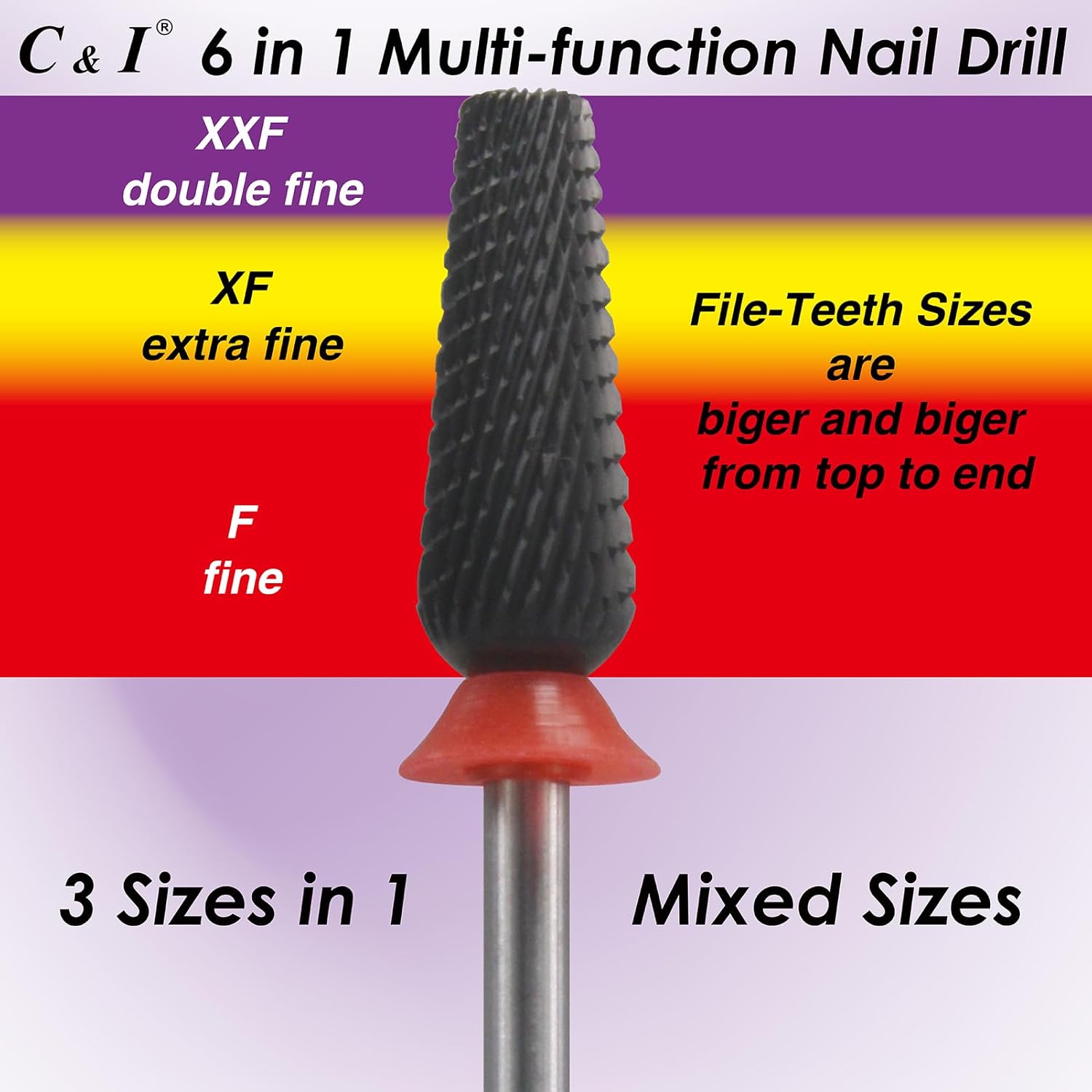 C & I Nail Drill Bit 6 in 1 Multi-function Rounded End E-file, Diamond Coat, CNC Overall Cut Nail Tools for Nail Techs Quick Remove Acrylic Nail Gels & Nail Art (Special Coat, Fine -F)