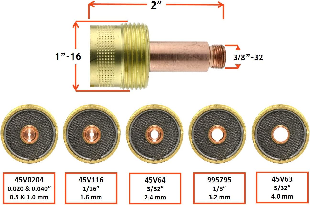 SÜA - Large Diameter Gas Lens Collet Body for TIG Welding Torches 17/18/26-1/8'' (3.2mm) - Model: 995795 - (5 PACK)