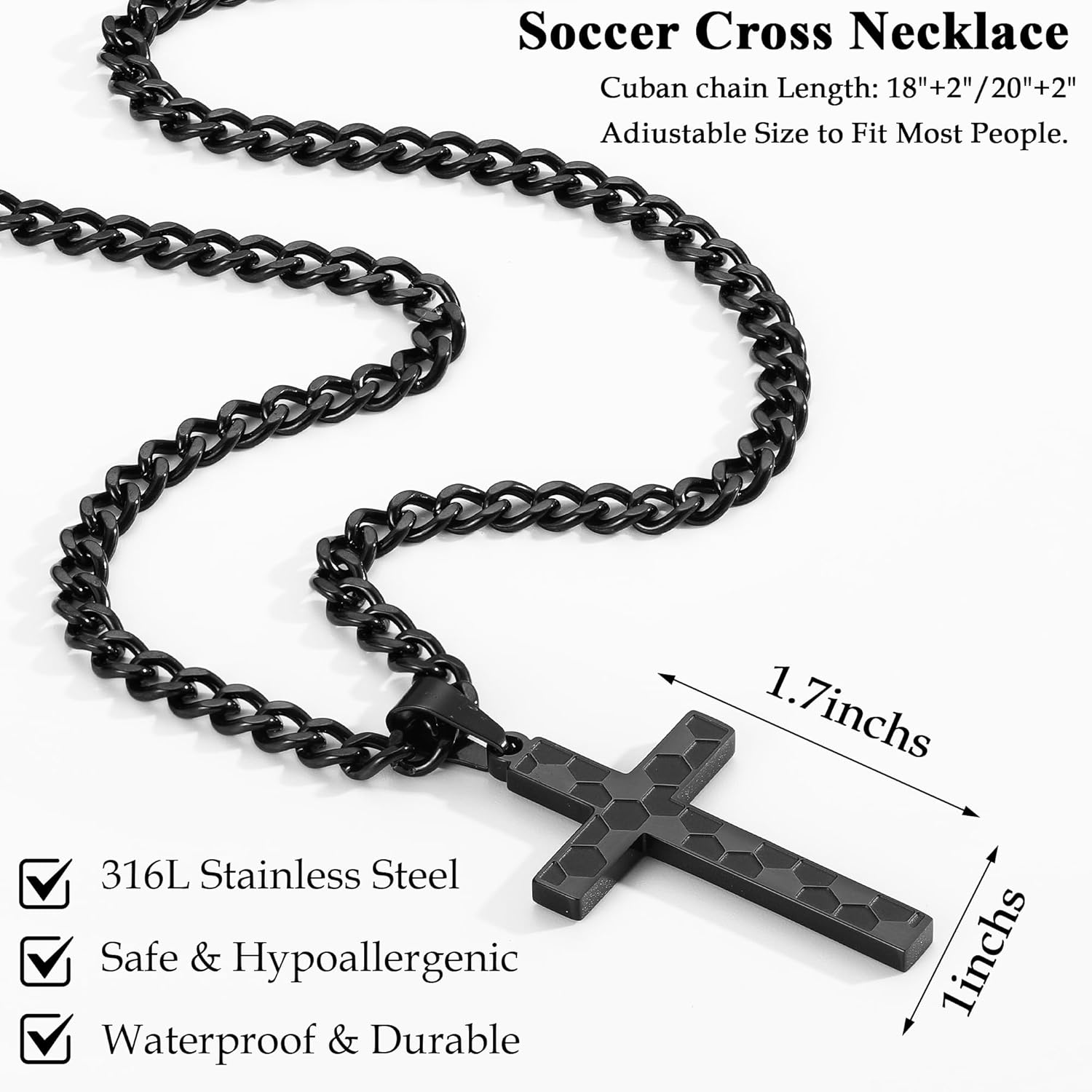 Avotto 316L Stainless Steel Baseball/Football/Soccer Cross Chain Necklace for Men Boys, Silver Gold Black Mens Boys Necklaces 5mm Non-Fading Sturdy Cuban Chain with Cross Pendant 18+2Inch/20+2Inch - Image 3