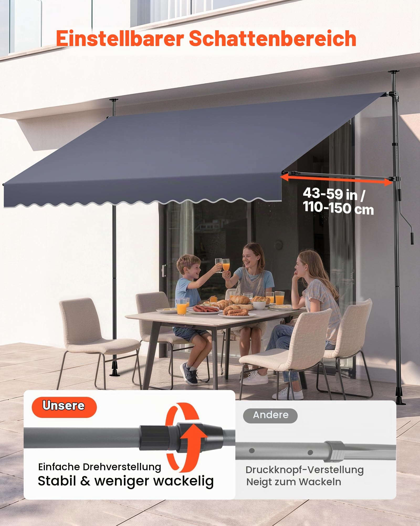 VEVOR Klemmmarkise 300 cm, Höhenverstellbare Markise mit Handkurbel, Terrassenmarkise UPF 80+ Sonnenschutz, Sonnenmarkise, Balkonmarkise, Ideal für Terrasse, Balkon & Garten, Dunkelgrau