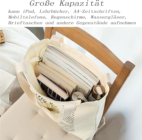 Miniatura 6 de BROADREAM Bolsa Tote de Lona Estética para Mujeres, Bolsa Tote de Libros Vintage Reutilizable con Bolsillo Interior con Cremallera