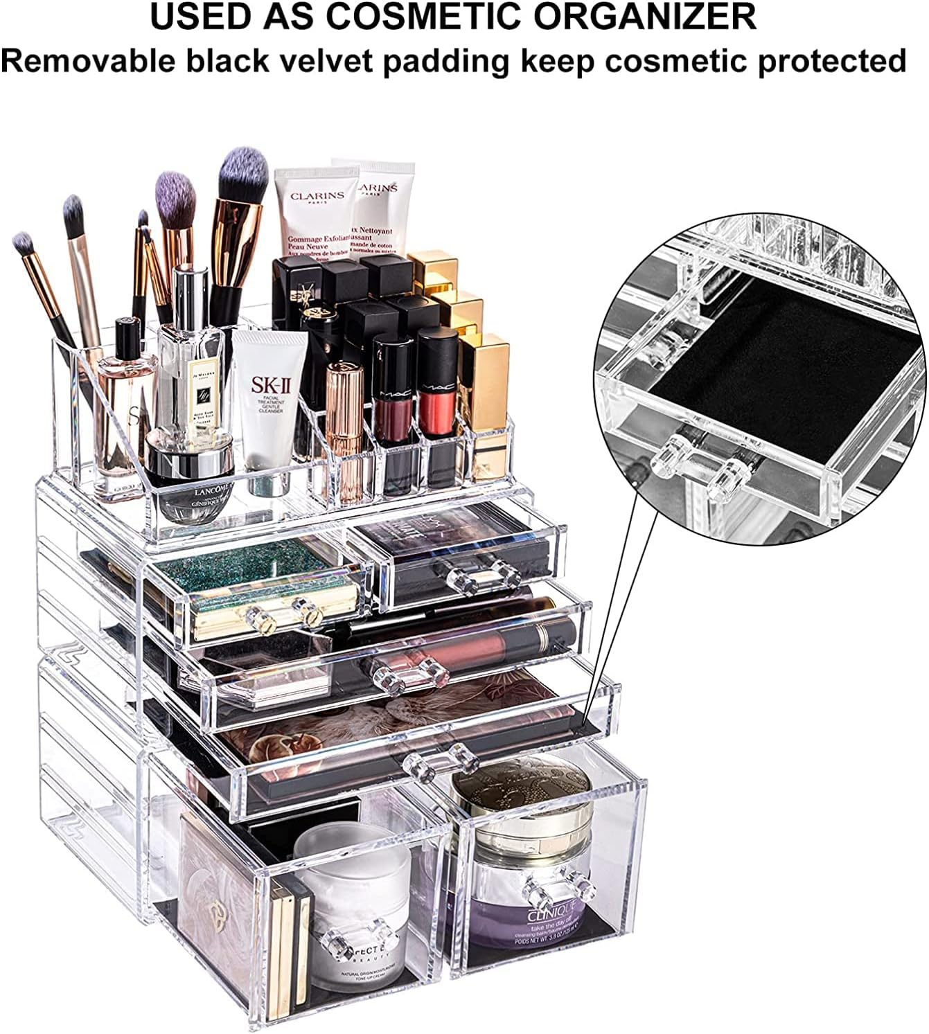 DreamGenius Makeup Organizer 3 Pieces Acrylic Cosmetic Storage Drawers Organizer for Vanity and Bathroom, Stackable Cosmetic Organizer Countertop with 6 Drawers