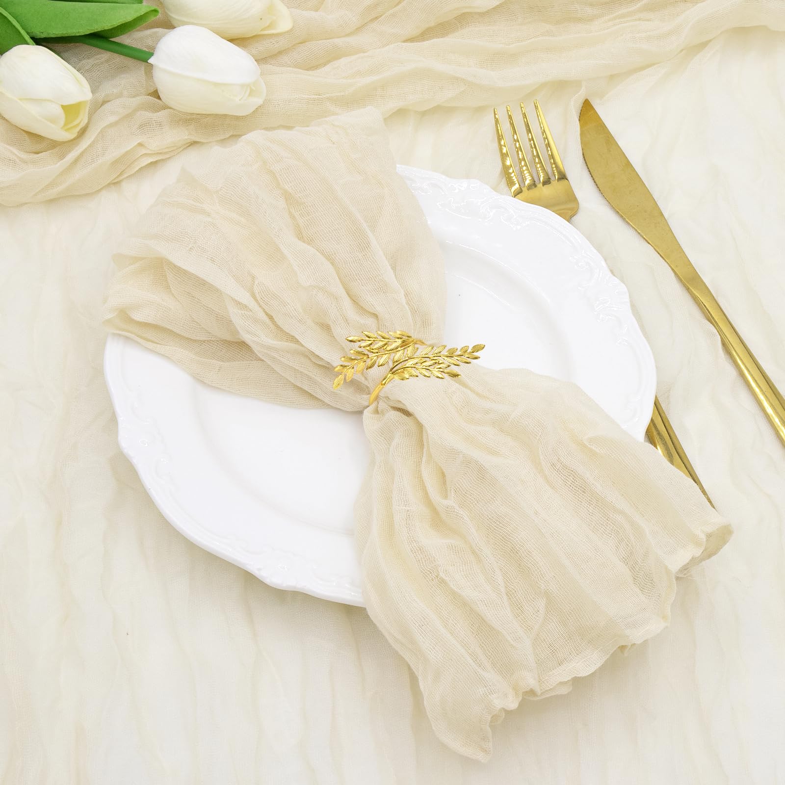 12 Stück Servietten, Boho Gaze Käsetuch Servietten 50 x 50 cm, Mullservietten für Party Hochzeiten Zuhause Brautpartys Tischdekorationen, Beige