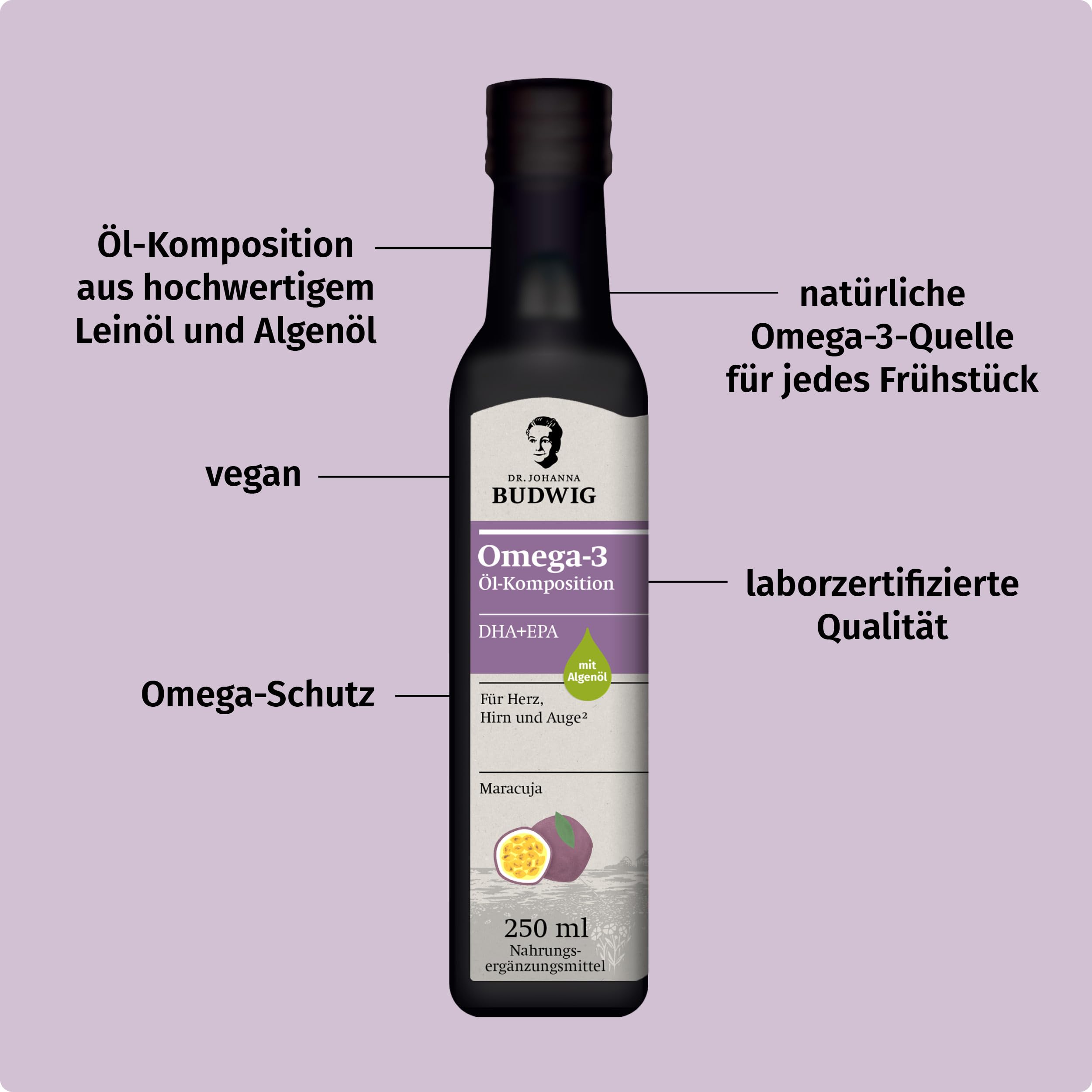 Dr. Budwig Omega-3 DHA+EPA Öl Maracuja (2x 250 ml) – pflanzliches Omega mit ALA – 97% Bio-Zutaten – 9,4 g Omega-3 pro Tagesportion – vegan