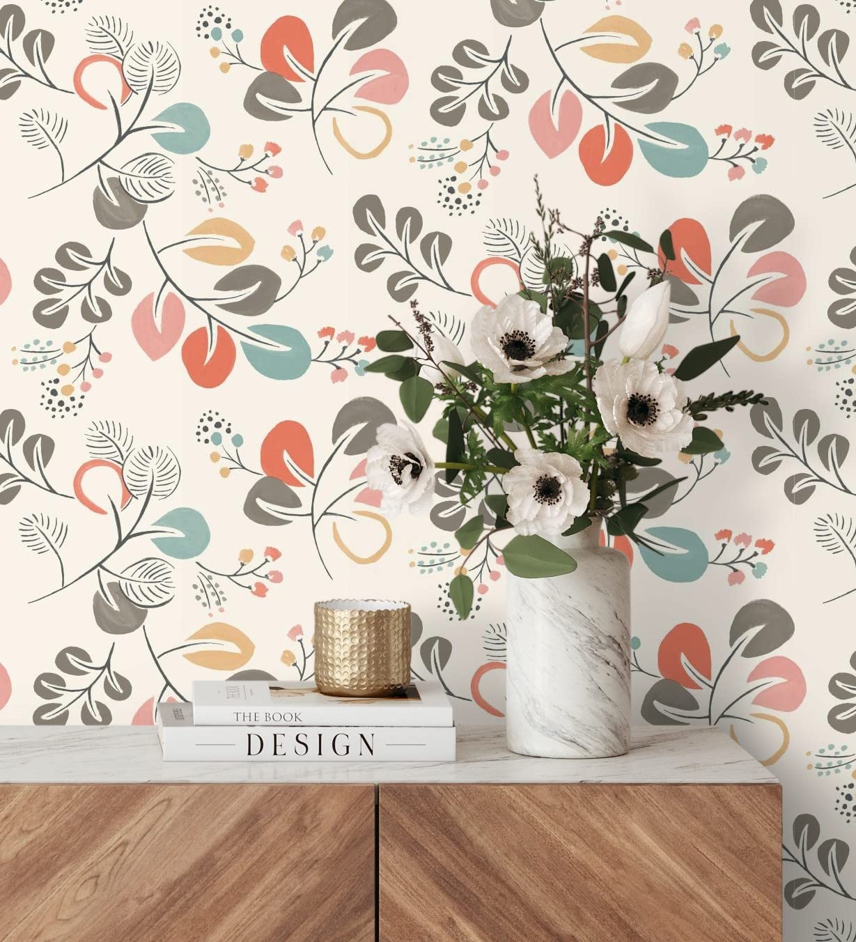 GAULAN 679414 - Papel pintado vinílico ecológico de hojas de estilo nórdico tonos coral para pared salón cocina baño dormitorio mueble - Rollo de 10 m x 0,53 m