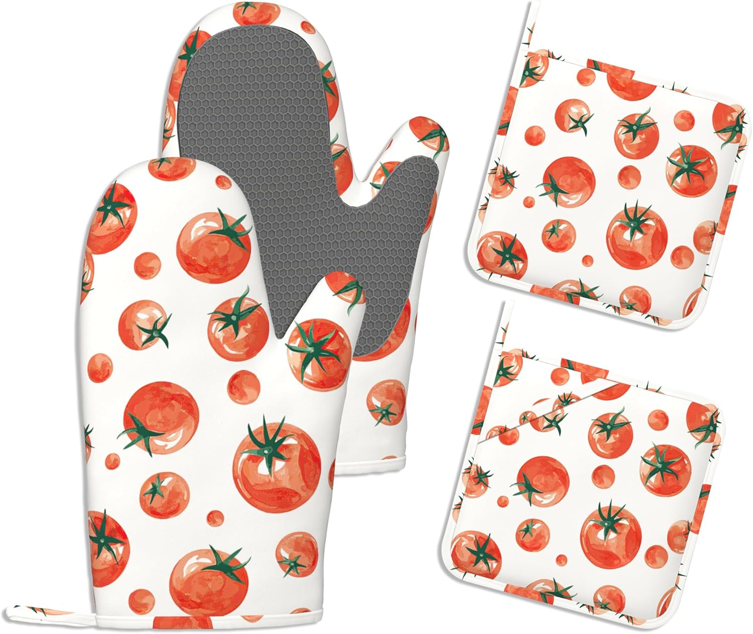 Kitchen Mitts Set,Tomato Oven Mitts and Pot Holders Sets,Thick Cotton Heat Resistant Vagetable Hot Pan Holder Extra Long Cooking Mitts for Cooking Baking Grilling BBQ Bakeries