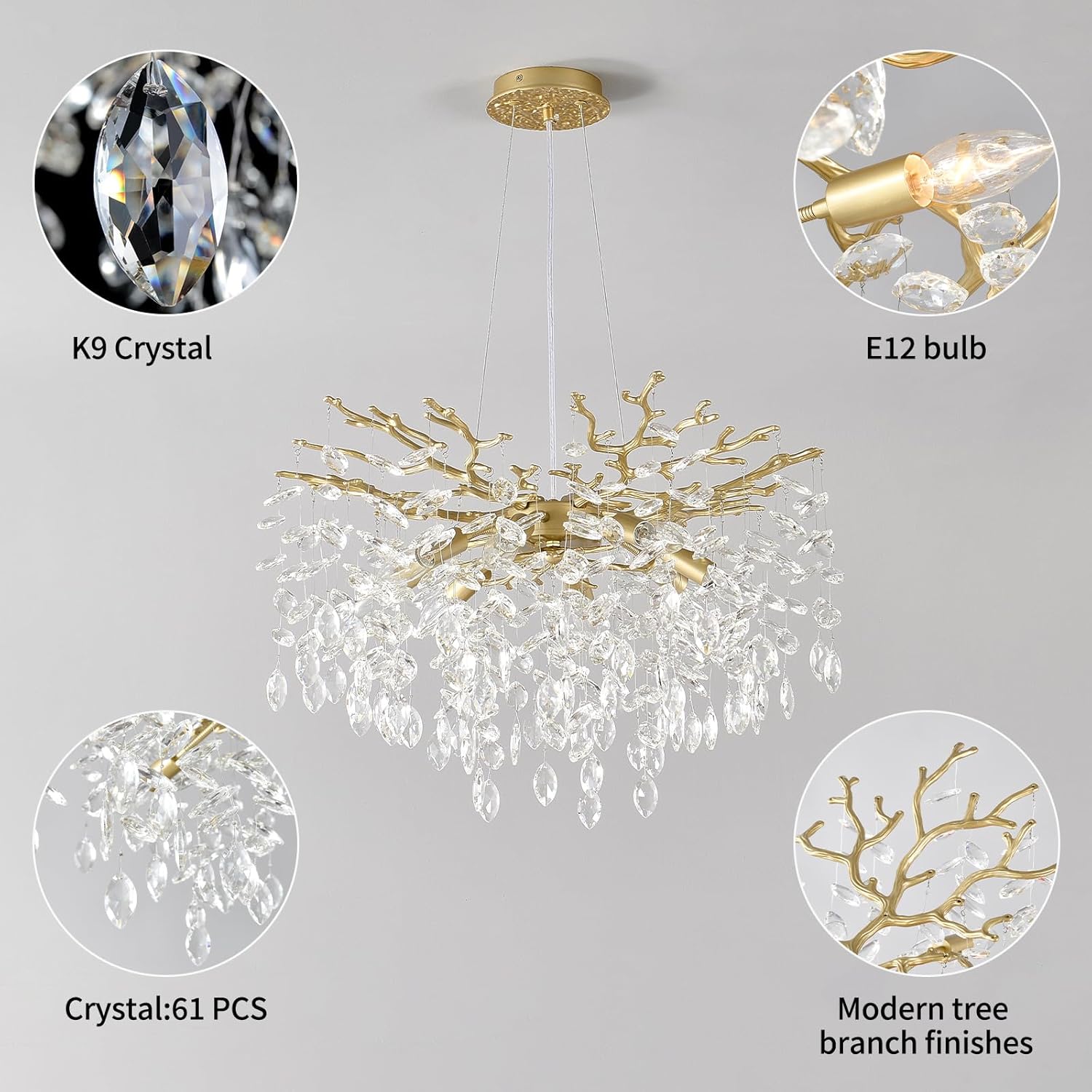 EGM Gold Crystal Chandelier, 24-Inch Modern Raindrop Light Fixtures 8-Light, Hanging Round Gold Dining Room Crystal Chandelier, Tree Branch Chandeliers for Bedroom Foyer E12