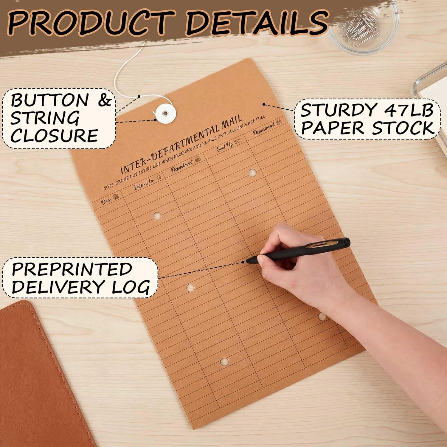 Crtiin 50 Count Interoffice Envelopes with String Tie, 10 x 13, 9 x 12, Reuseable Brown Kraft Interoffice Envelopes with String, Two-Sided Five-Column Format, 52-Entries