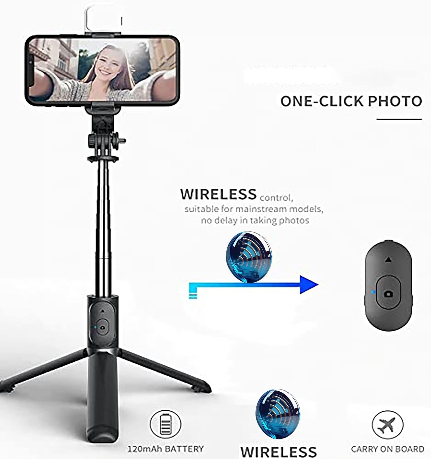 6 in 1 Wireless Selfie Stick Wireless Foldable Mini Tripod with Fill Light Shutter Remote Control for iOS Android (Black)