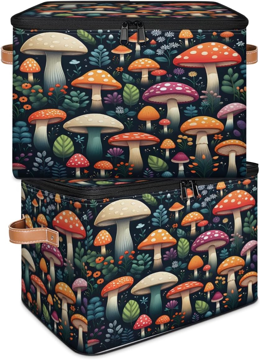 Storage Bin Set of 2 Colorful Mushrooms Storage Basket with Zipper Lid & Handle Foldable Closet Shelf 2 Pack Cloth Organizer Basket Cube Bins Clothes Organizer for Bedroom, Nursery