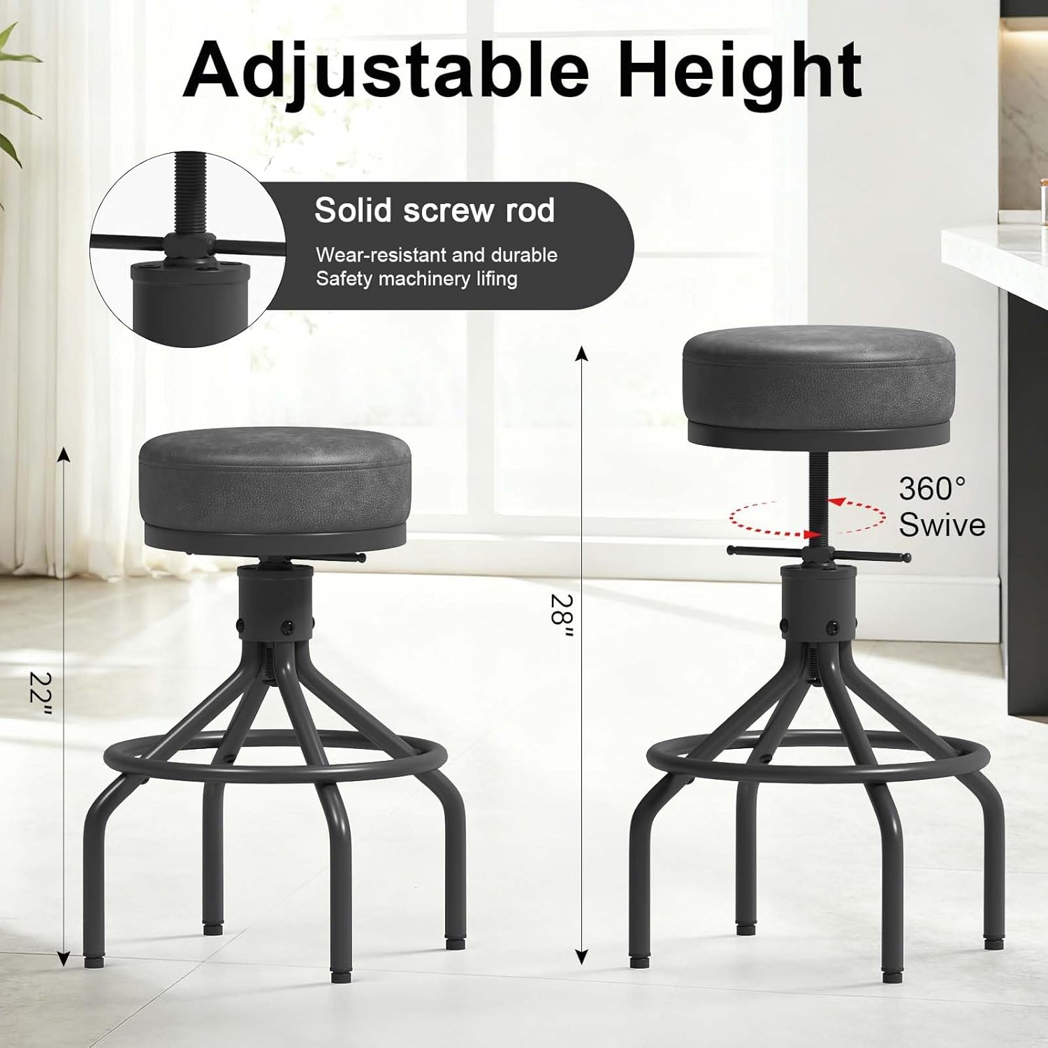 Grey Swivel Bar Stools Set of 2 Adjustable Swivel Round Barstools Modern PU Leather 28inch Industrial Backless Counter Height Stool Bar Chair for Kitchen Island (2, Grey)