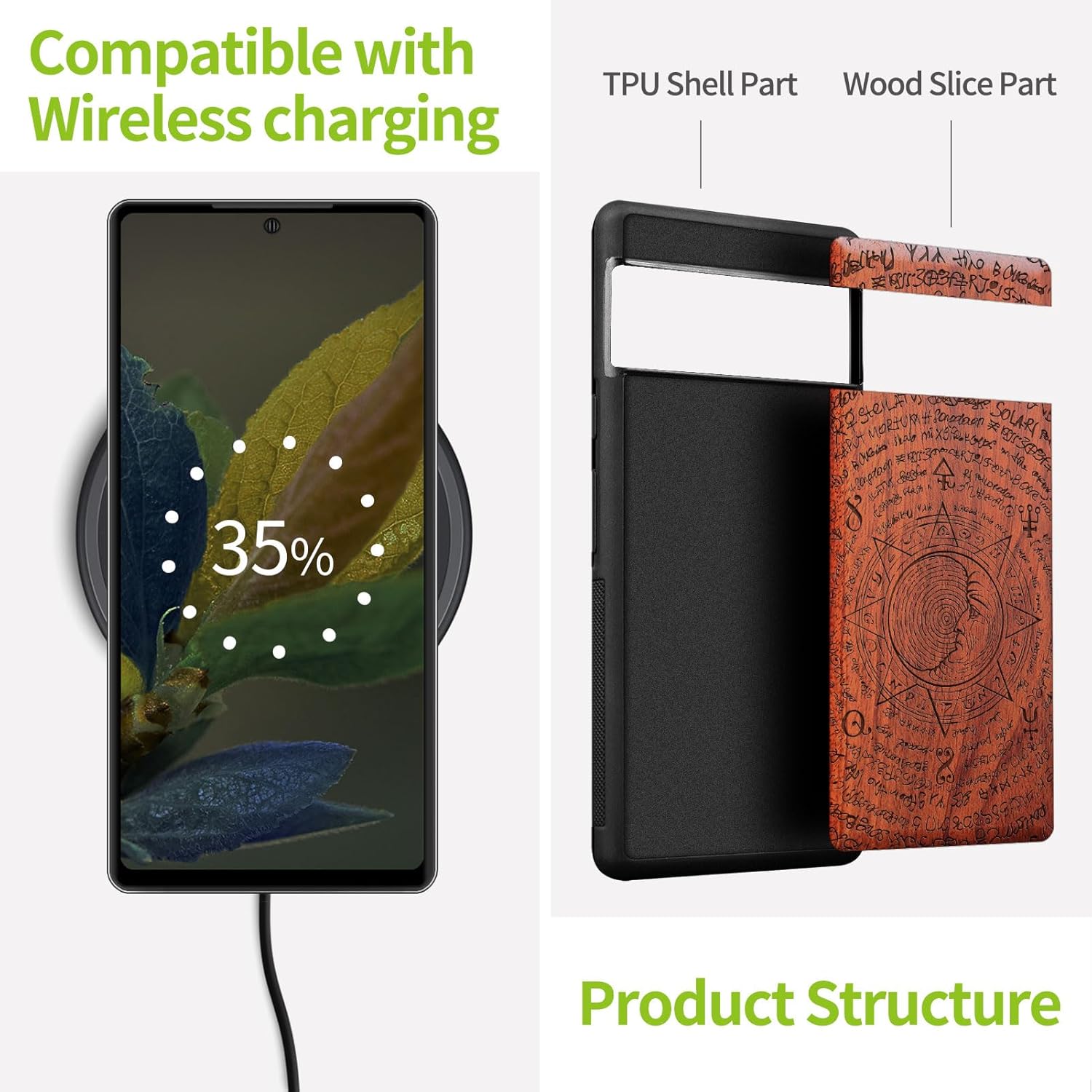 Carveit Wood Case for Pixel 7a Case [Natural Wood & Black Soft TPU] Shockproof Protective Unique & Classy Wooden Phone Cover Compatible with Google Pixel 7a (Mysterious Moon-Rosy)