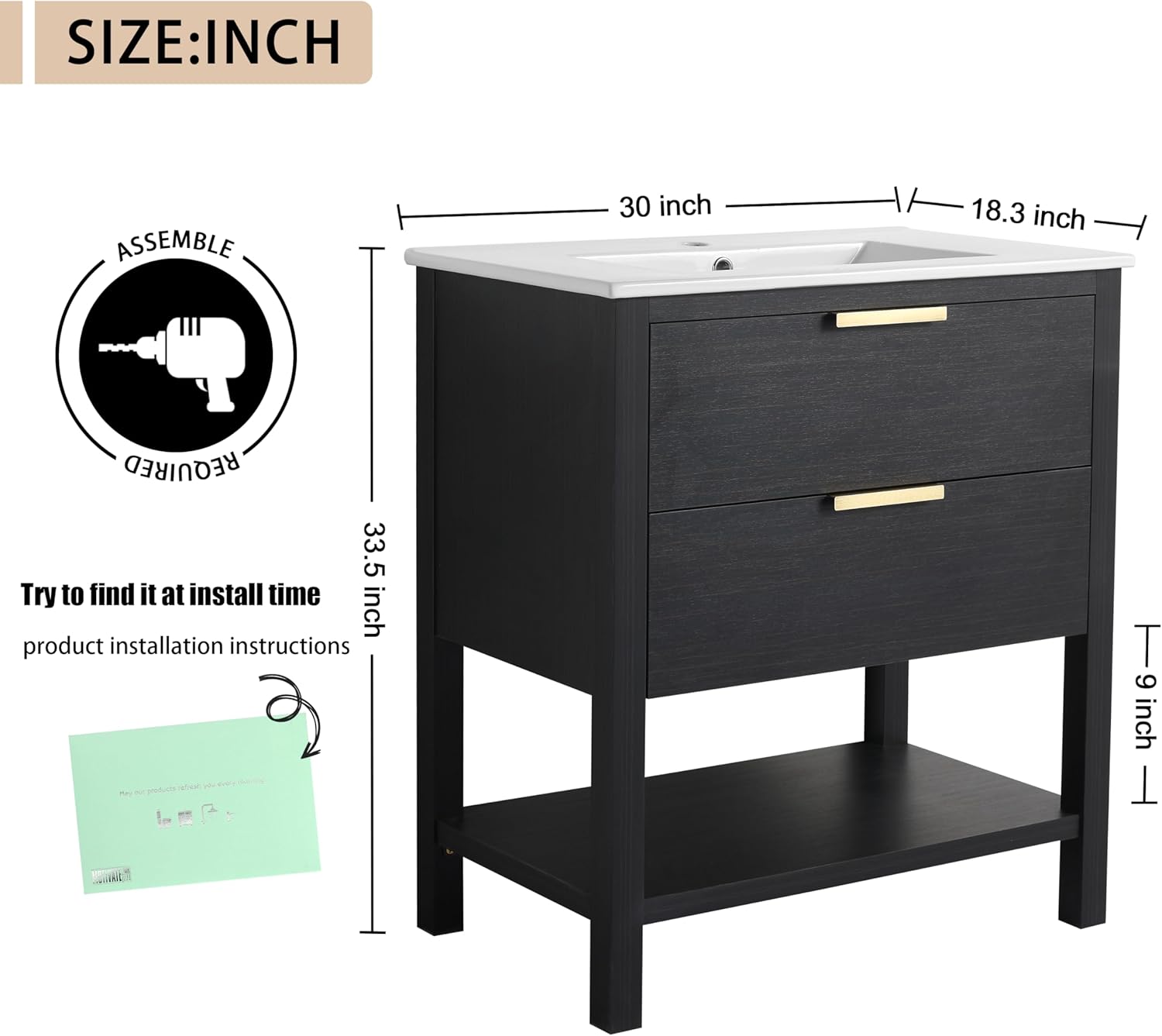 30 Inch Bathroom Vanity with Sink, 30" Freestanding Vanity with Open Shelf for Storage, Plywood Wooden Cabinet with Ceramic Sink, Modern Floor-Standing Cabinet Set, 2 Drawers with Compartments