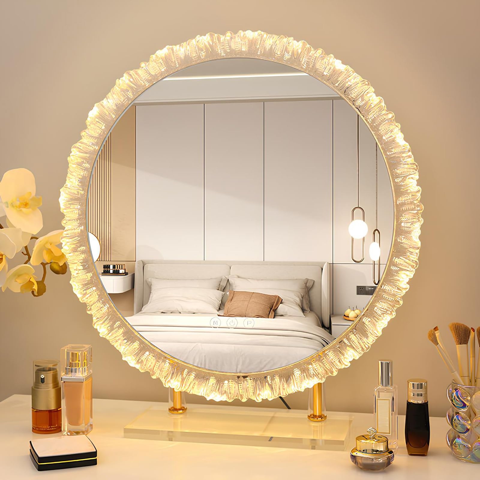 VQWQV LED Makeup Mirror With Light, 360° Rotating Desktop Vanity Mirror, 3 Colors Dimmable Touch Switch For Dressing Bedroom Living Room Home Decor(50cm/19.6in)