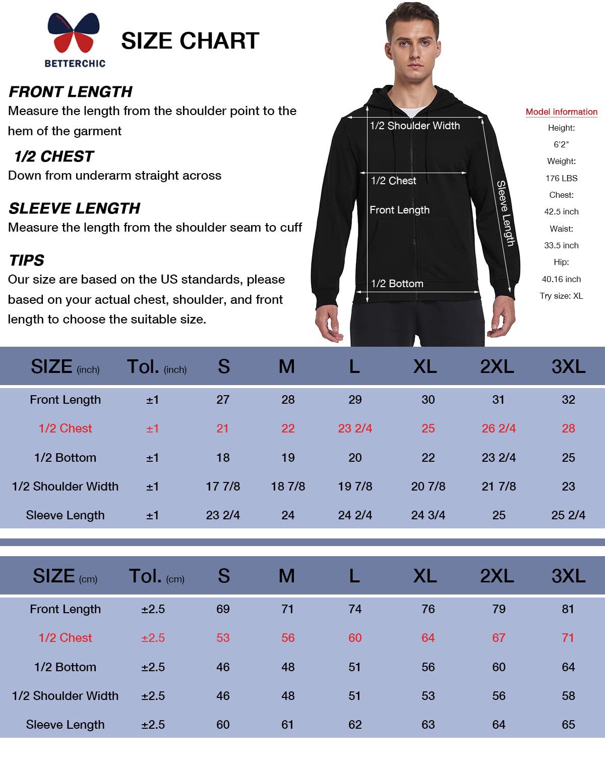 BETTERCHIC Męska bluza z kapturem sportowa miękka szczotkowana bluza polarowa z kapturem sznurek na zamek błyskawiczny bluza z kapturem rozmiar S-3XL, Czarny, M