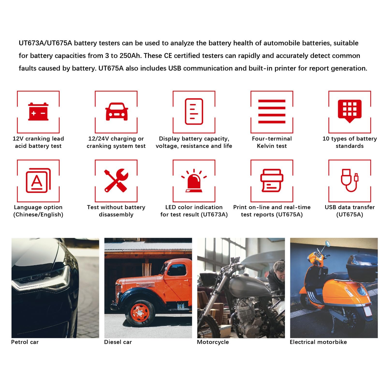 Probador digital de batería de automóvil con función de impresión para probar el rendimiento de la batería de automóvil
