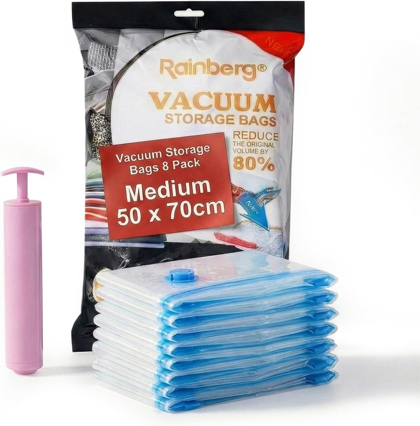 Rainberg Clear 8 Pack Medium Vacuum Storage Bags, Home And Travel Vacuum Bags With Pump Featuring Double Zip Seal & Triple Seal Turbo-Valve For Maximum Space Saving, Up To 80% More Space (50 X 70Cm)