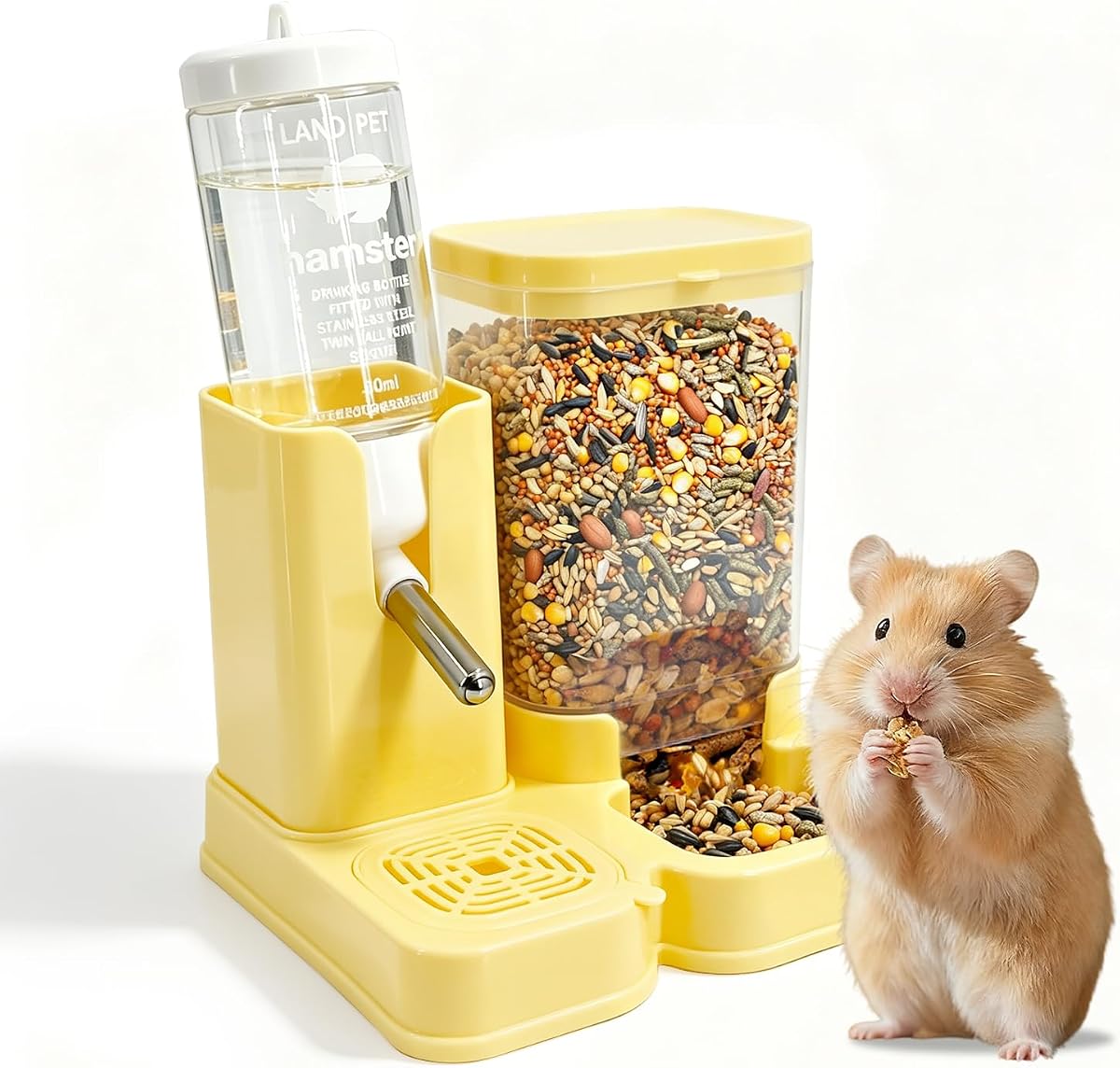Hamster Water Bottle 2-in-1 80ml Feeder 320ml Dispenser Yellow | Top-Fill Design, Safe Material for Gerbil & Mouse, Easy to Clean, 2-in-1 Water & Food System, Space-Saving Cage Accessory