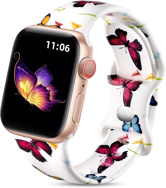 Upeak Double Sided Floral Strap Compatible With Apple Watch Strap 38mm 40mm 41mm for Women, Pattern Soft Silicone Band for iWatch Series 9/8/7/6/5/4/3/2/1/SE, 38mm/40mm/41mm-S/M, Butterfly