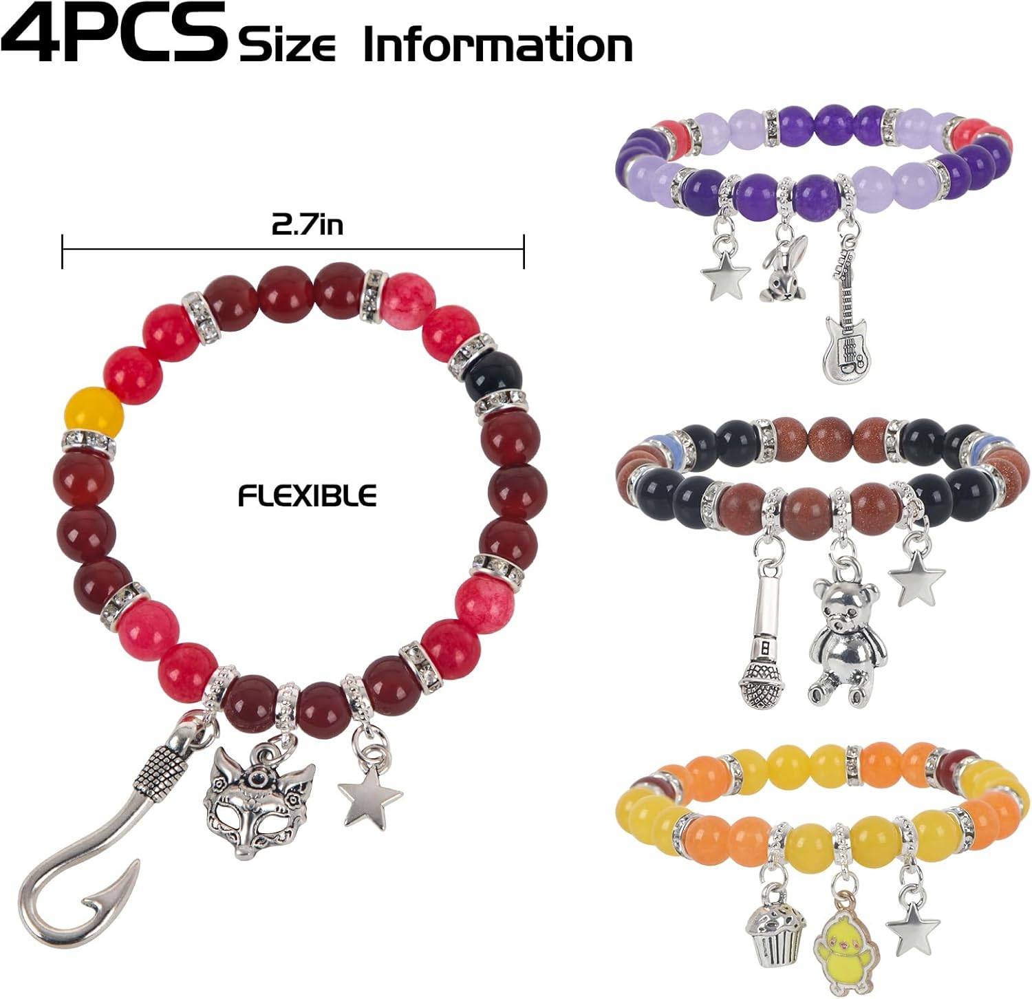 JUNIQUTE FNAF Game Inspired Bracelet for Women - 4PCS Charm Bracelet with Translucent Stone Beads & Metal Prop Charms, Pulseras Para Mujer, Birthday Valentines Gifts