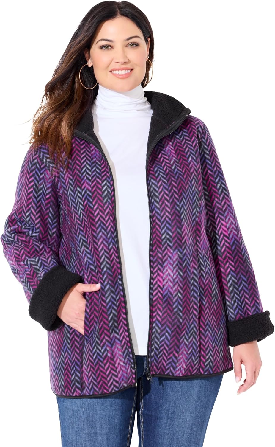 Catherines Women's Plus Size Petite Printed Fleece Coat With Sherpa Lining