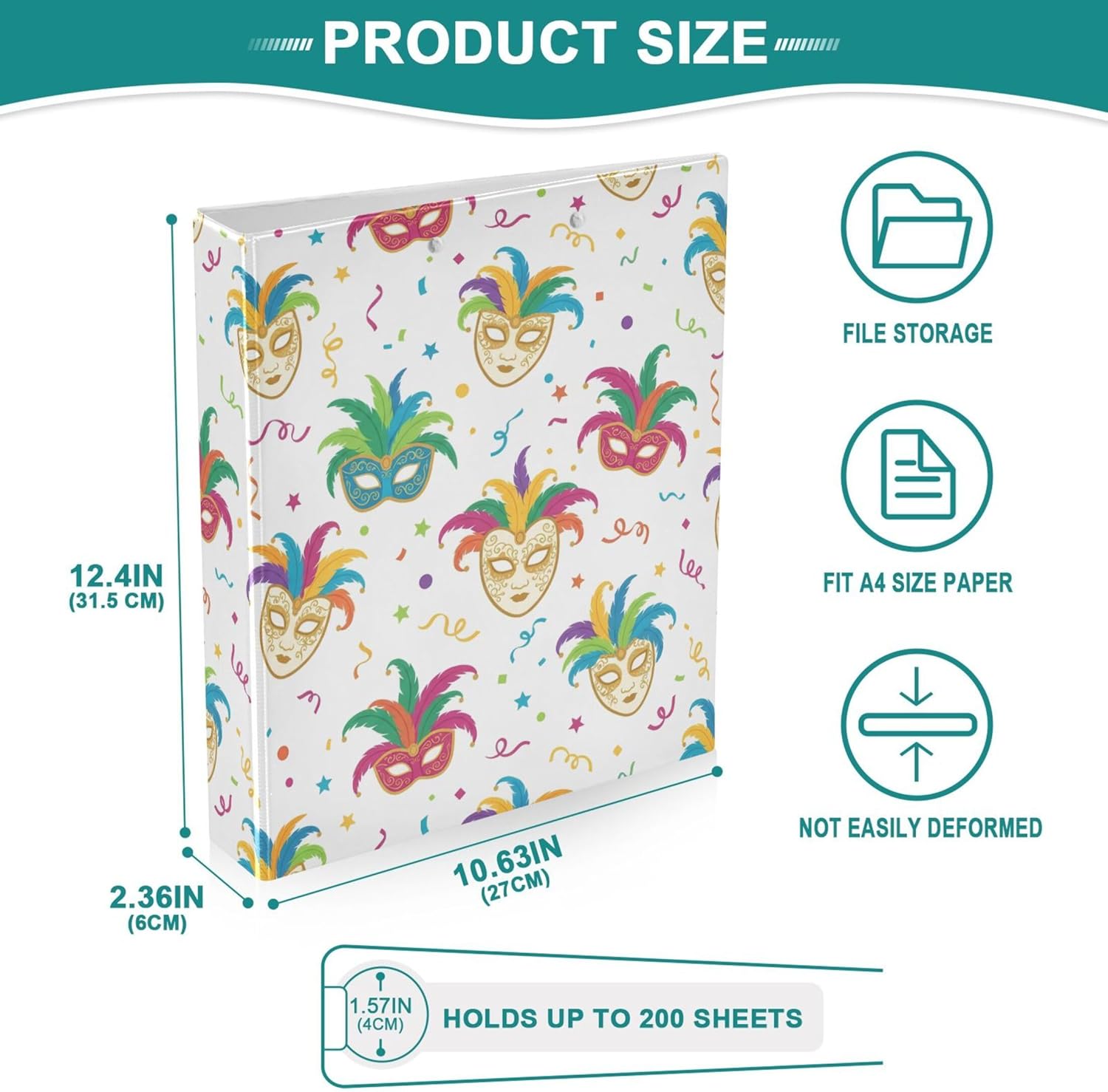 Mardi Gras Theme 3 Ring Binders, 1.5” Round Ring Binders with Clipboard - Letter Size, 3 Interior PVC Clear Pockets & Anti-Slip Clip for Office School Supplies, 2PCS