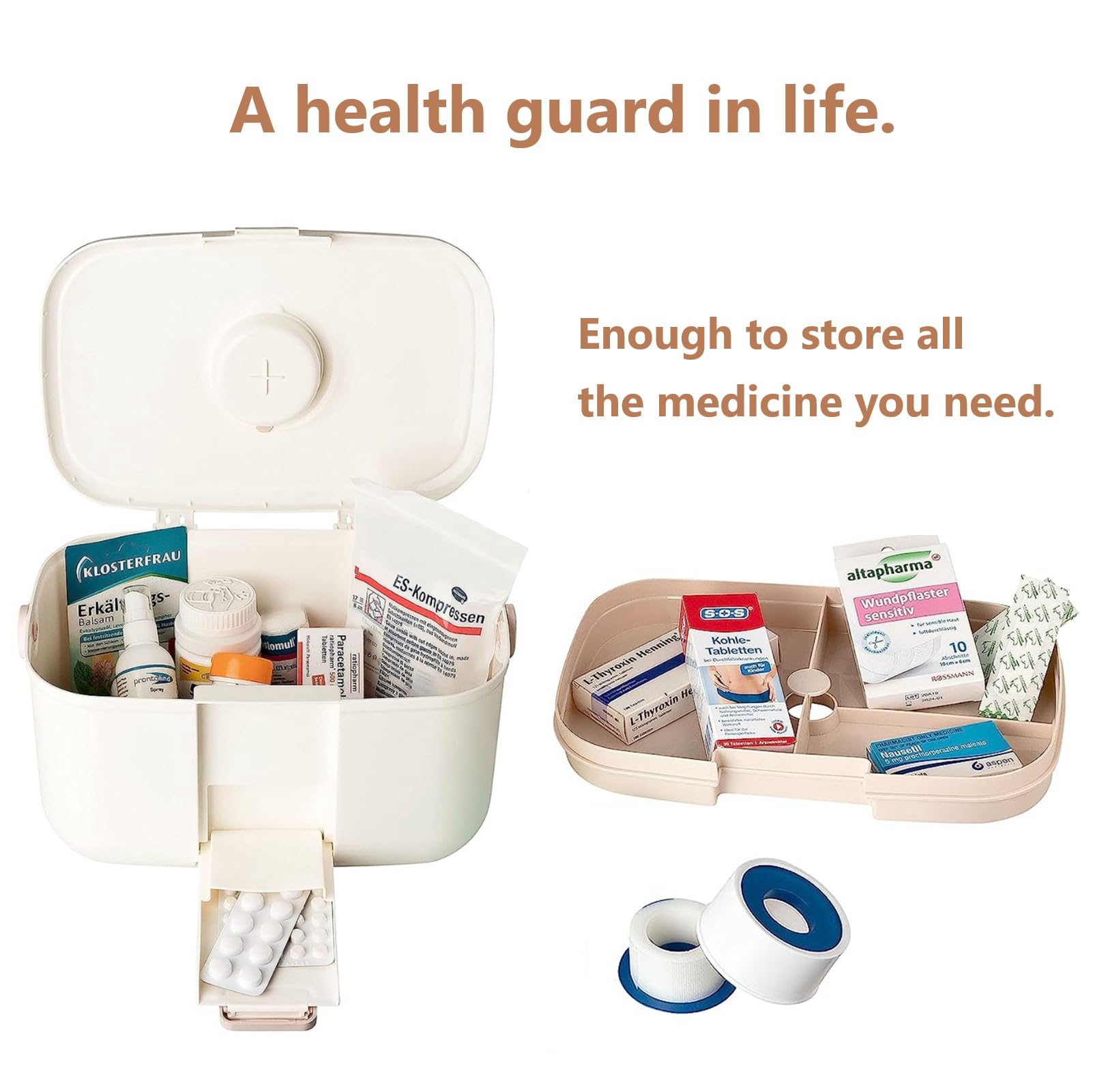 Caja medicamentos, Caja botiquin con 2 compartimentos, Organización medicamentos portátil, con asa, Cajas grandes para medicamentos para su medicina casera hogar al aire libre