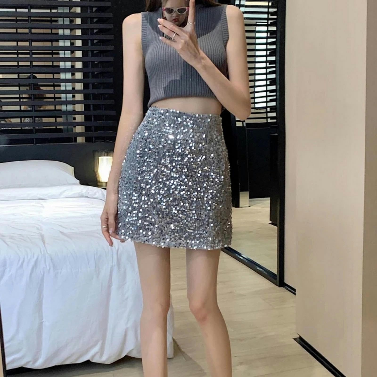 Gonna Gonna di Paillettes Nera Women Women Fashion High Wiist Slim A-Line Gonna Corta con Gonna da Festa Paillettes