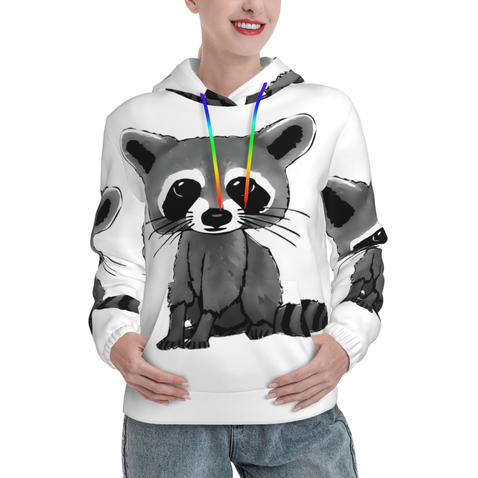 Sweats à capuche femme raton laveur imprimé pull à manches longues décontracté - 8