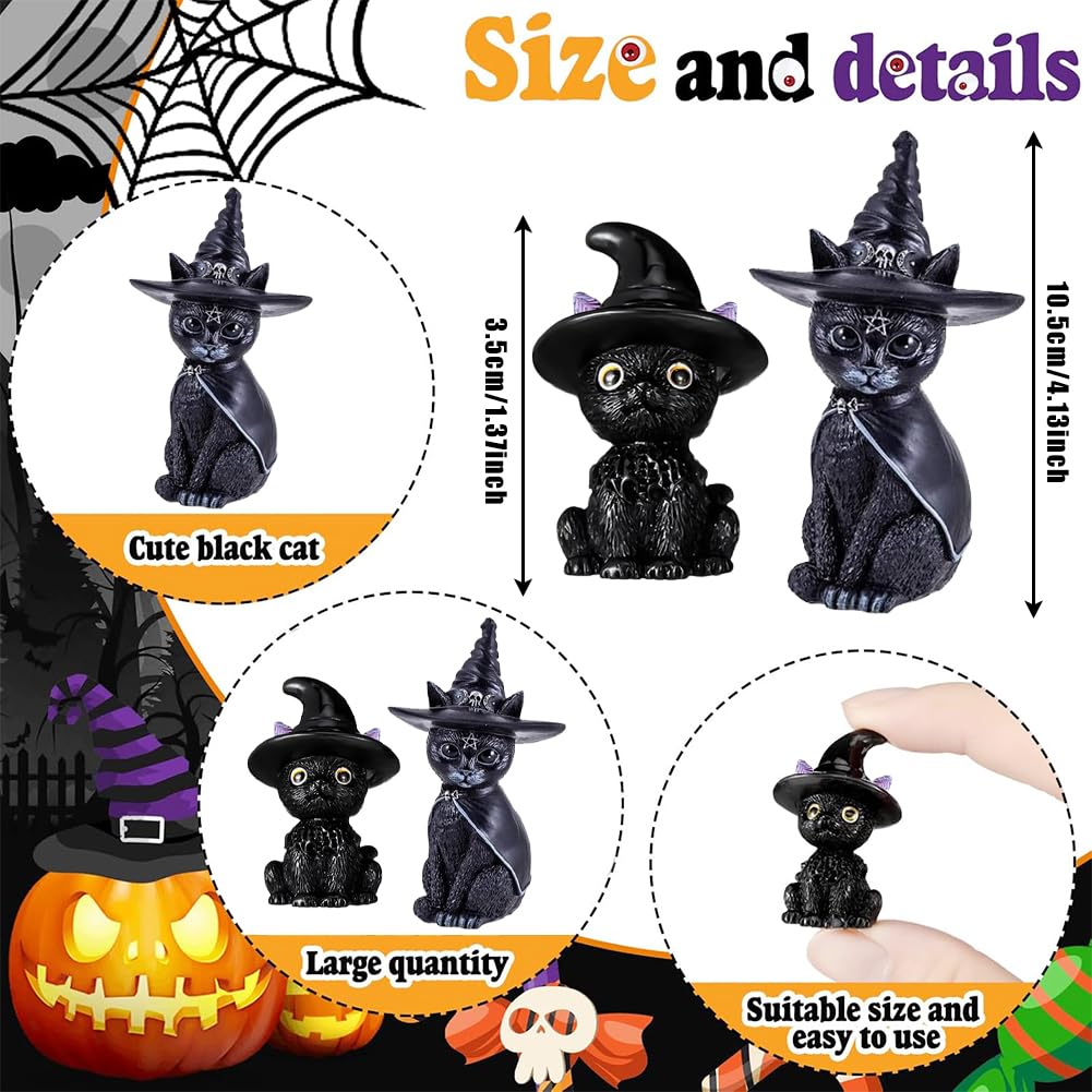 Set de Decoración de Gato-Bruja para Halloween,Figura de Resina con Sombrero de Bruja 50 Pegatinas Decoración Tenebrosa para Ventanas, Mesas y Fiestas Amantes de los Gatos