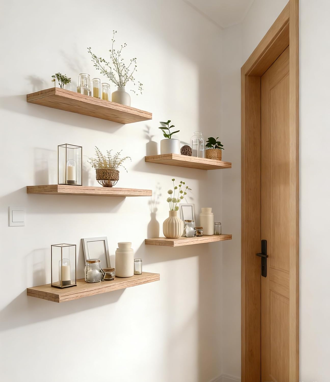 17 Inch Rustic Wood Floating Shelves Farmhouse Wooden Wall Shelves for Bathroom Bedroom Living Room Kitchen Office Set of 6 Light Brown