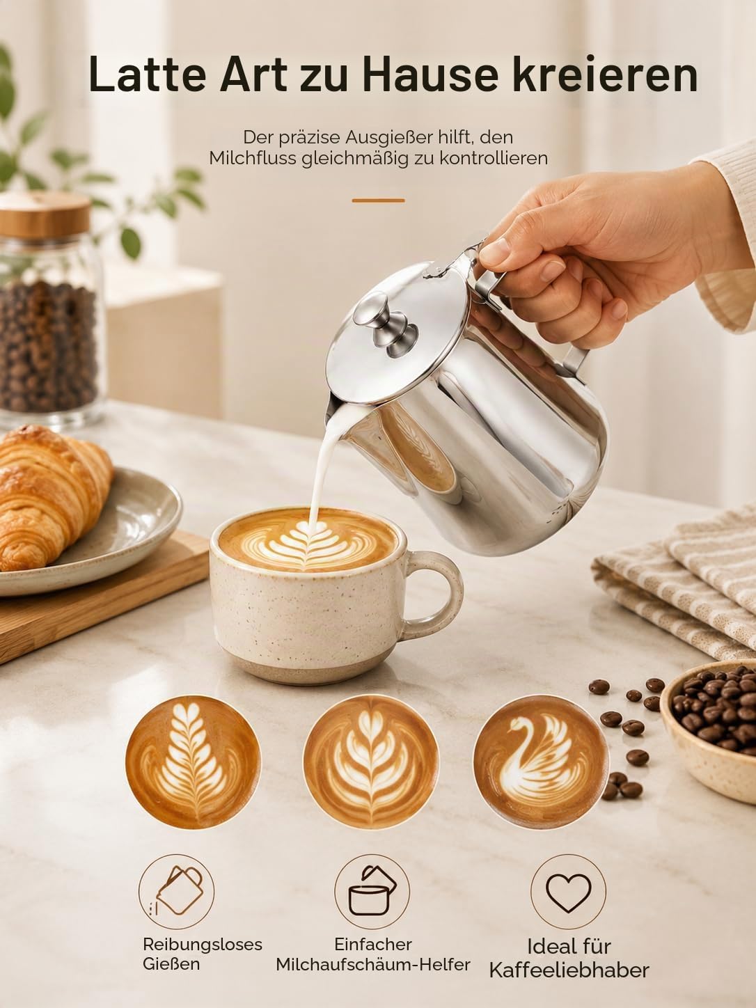 VOBOR Milch Pitcher,Edelstahl Kanne mit Deckel, Handheld Milchkännchen Edelstahl, Aufschäumbecher mit Anti Tropf Düsen und Griff Milchkanne für Espresso,Cappuccino,Latte,Barista (350ML)