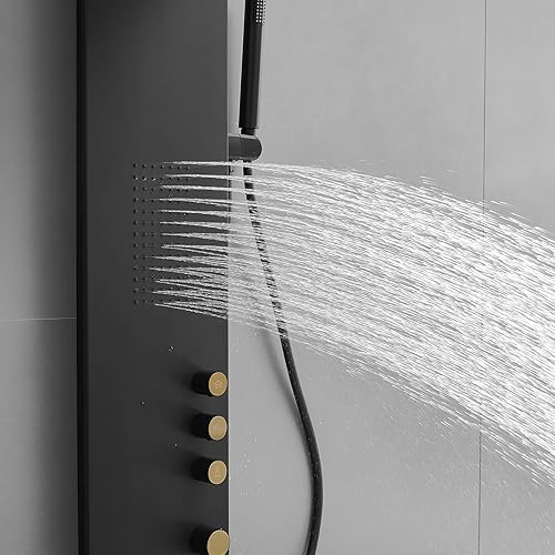 Miniatura 16 de BWE Panel de ducha 3 en 1, sistema de torre de acero inoxidable, cabezal de ducha de lluvia con ducha de mano y chorros corporales de masaje de Oro