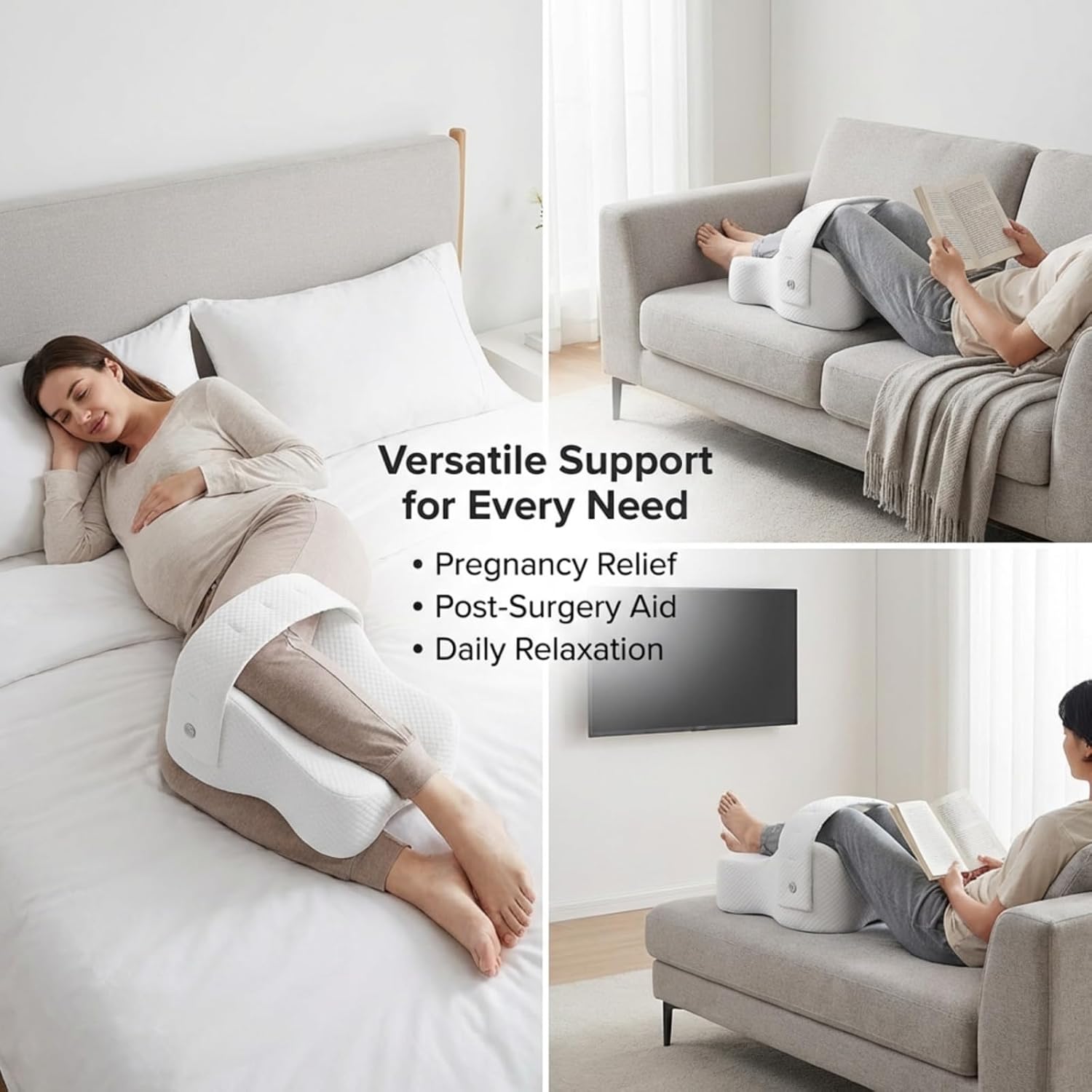 Knee Pillow for Side Sleepers with Adjustable Strap, Memory Foam Leg Pillow for Side Sleeping, Ergonomic Knee Wedge Pillow Between Legs for Hip, Knee & Joint Support, White