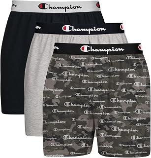 Men's Cotton Stretch 3 Pack Boxer Shorts, Black Camo Print with Script Logo/New Ebony/Oxford Grey Heather, Large