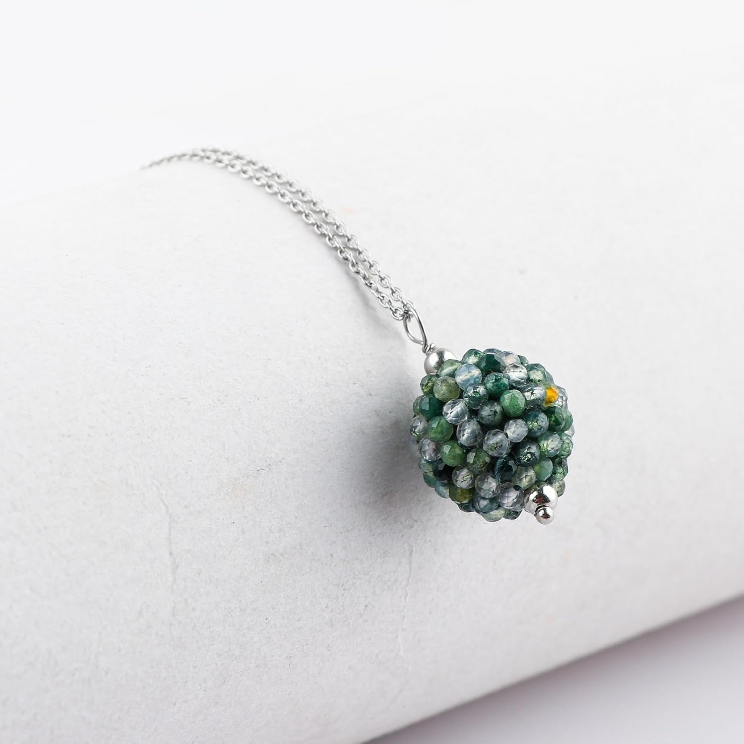 CRYSTALIS Natural Moss Agate Crochet Beads Pendant Necklace, Beaded Micro Ball Shape Crystals, Chakra Healing Gemstone, Women Jewelry, Sterling Silver 18 inch - Image 3