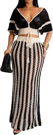 Angsuttc Skirt Sets Women 2 Piece Outfits Crochet Crop Tops and Striped Maxi Skirt Vacation Outfit
