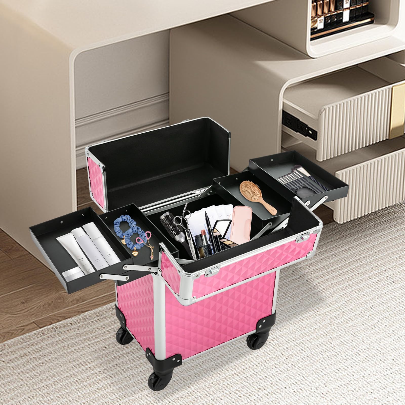 Maletín de maquillaje, maletín de peluquería con cierre, maletín de cosméticos grande | Organizador de maquillaje con 2 compartimentos plegables, mango ajustable, resistente al desgaste, maletín para uñas