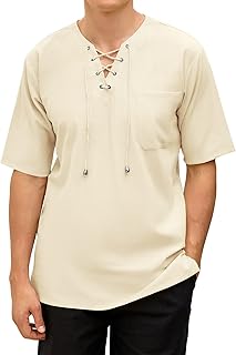 Sponsored Ad - PEGENO Men's Vintage Cotton Linen Casual T Shirt Lace Up Hippie Shirts V-Neck Top with Pocket