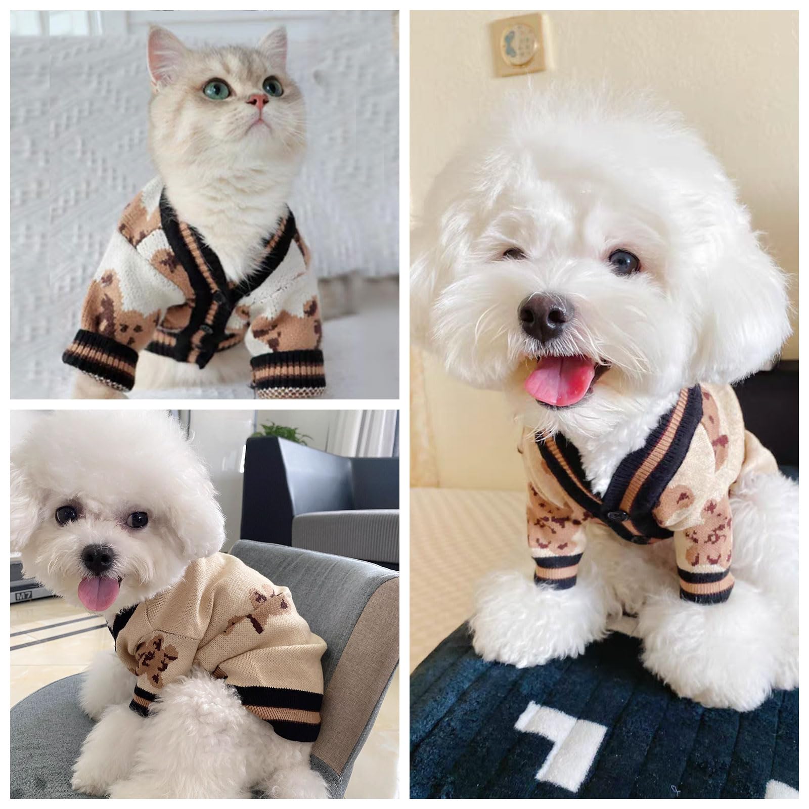 UETZLTB Cute Dog Sweater Soft Warm Fall Winter V-Neck Knitted Puppy Clothes Funny Bear Printed Doggy Sweatshirts with Sleeves Beige Pet Clothing Dog Cardigan Sweater for Small Dogs Cats(Beige,XS)