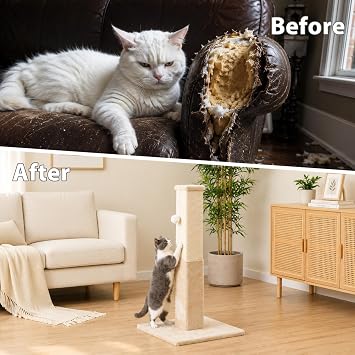 Cat Scratching Post Indoor Cat Tree with Natural Sisal Rope Interactive Dangling Toy Ball & Self-Grooming Brush Vertical Claw Scratcher for Kittens and Adult Cats (Beige)