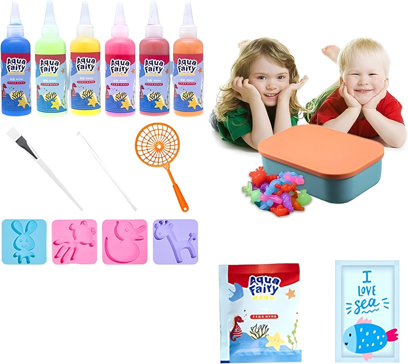 TOYRENTTO Rubber Aqua Gelz 3D DIY Magic Water Elf, Aqua Fairy Creative Set Colourful Sea Animals Toy with 4 Bottles of Colour Gel, Educational Toy Water Toy Children for Boys Girls 3+