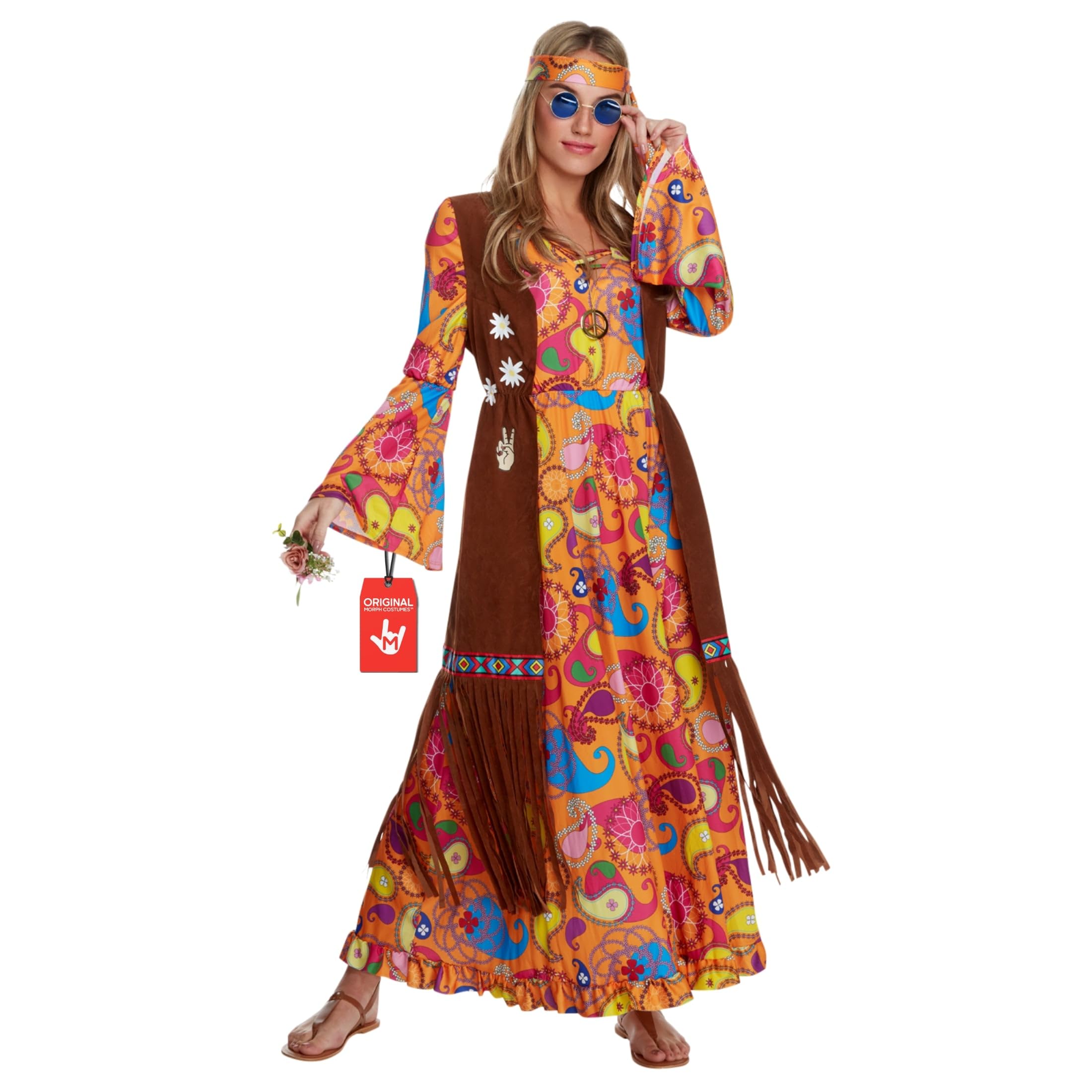 Morph Hippie Kostüm Damen, 70er Jahre Outfit Damen, 70er Jahre Bekleidung, Hippie Kleid, Schlagermove Outfit Frauen, Karneval Kostum Frauen, Fasching