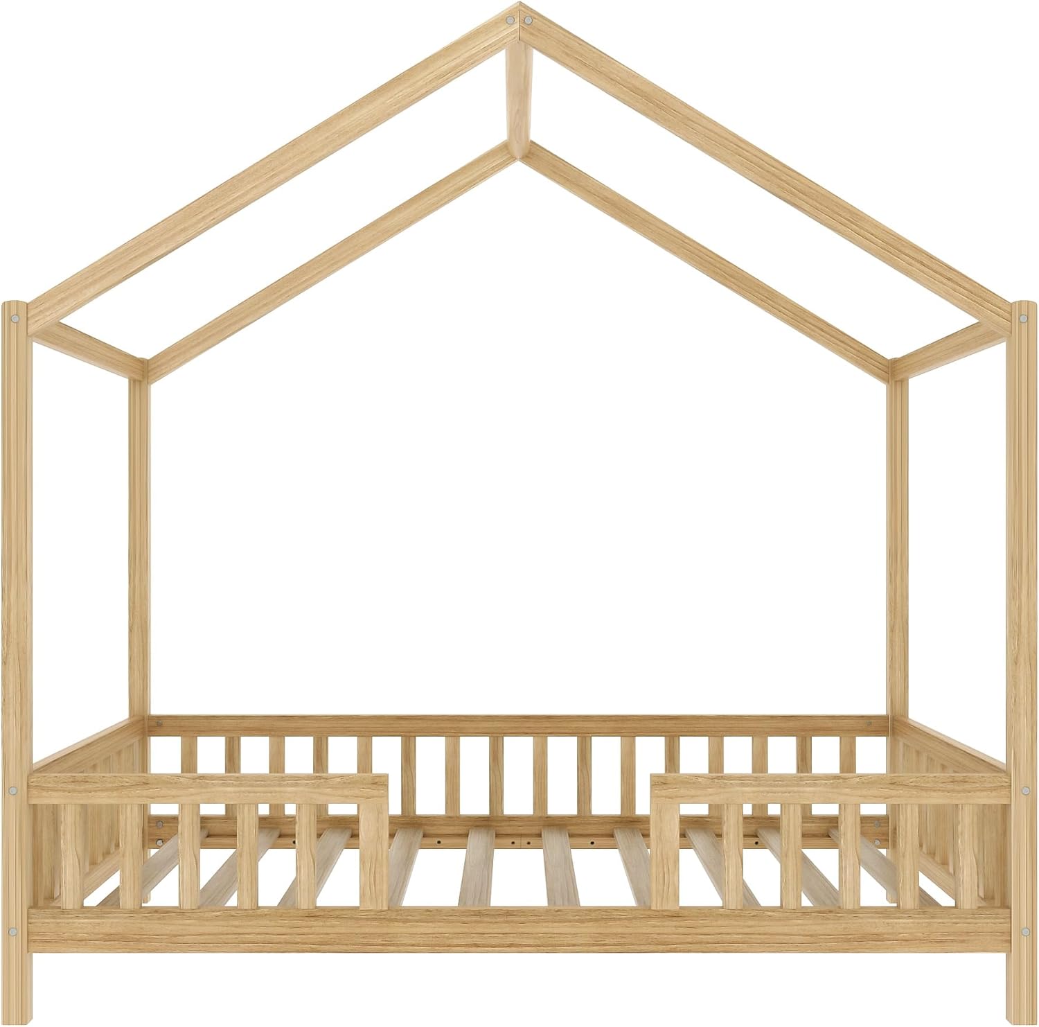 Twin Size House-Shape Bed with Canopy and High Railings, Wood Kids Bed Frame with Roof (Natural, Twin)