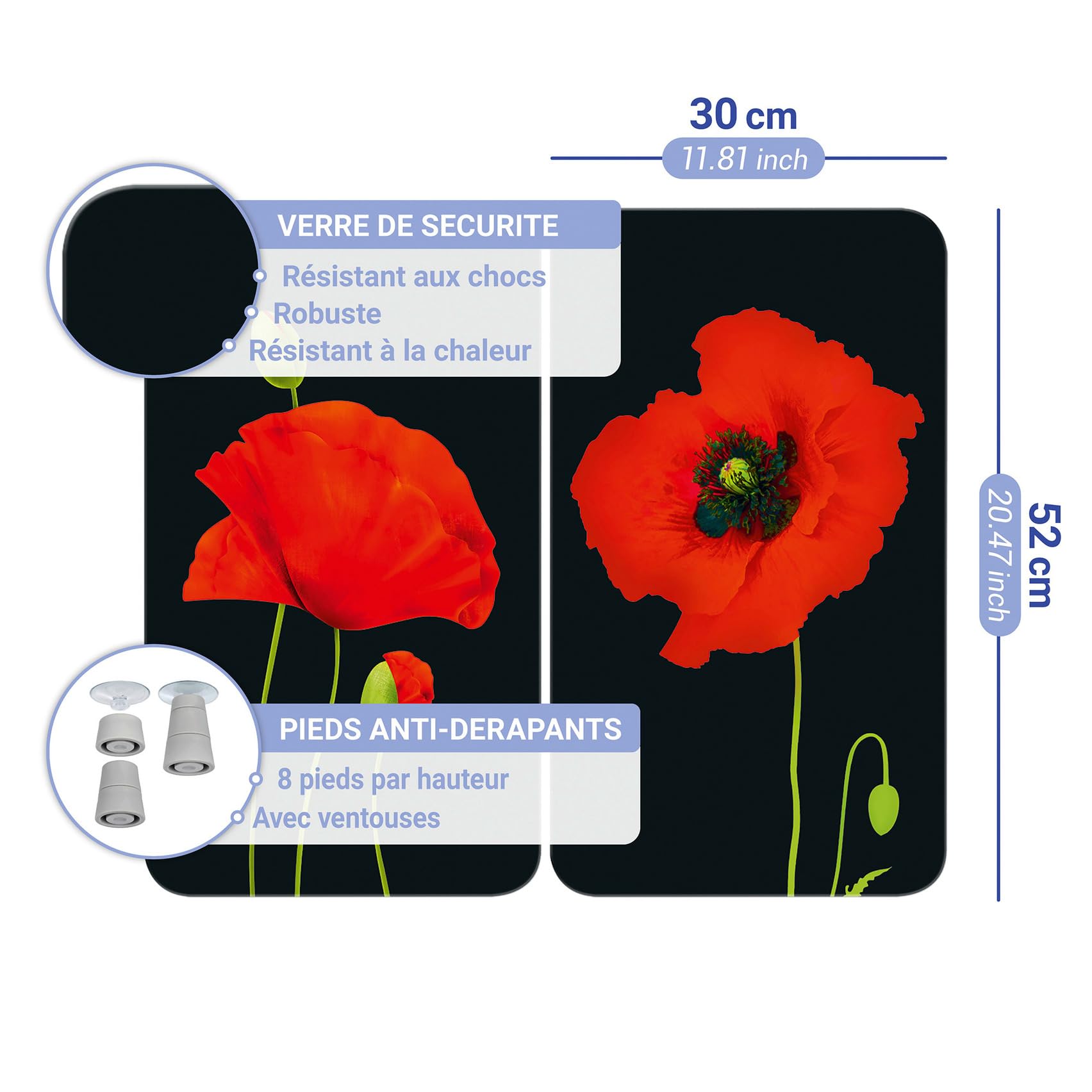 WENKO Plaque de Recouvrement Universelle Mod. Coquelicot, réglable en hauteur pour tout type de cuisinière, planche à découper et protection anti-éclaboussures, verre, 30 x 52 cm, 2 pièces